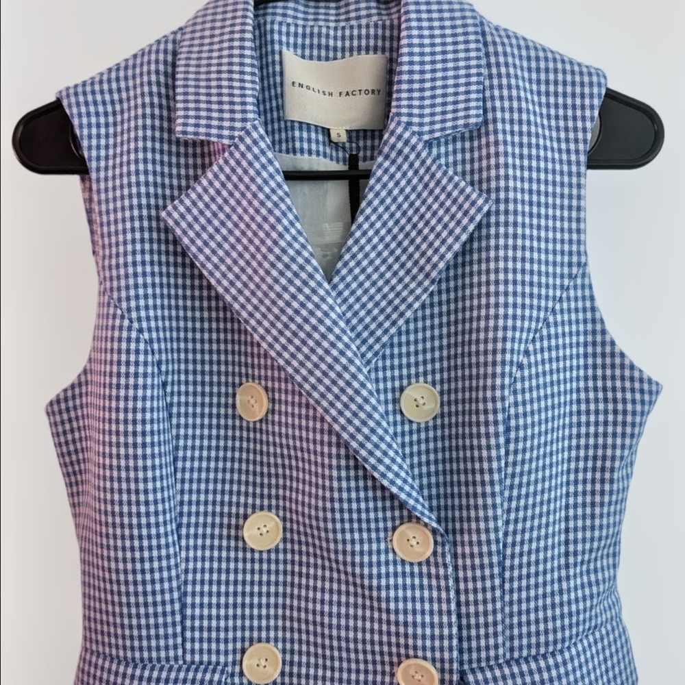 Women's English Factory Blue White Gingham Sleeveless Romper S - Picture 8 of 11